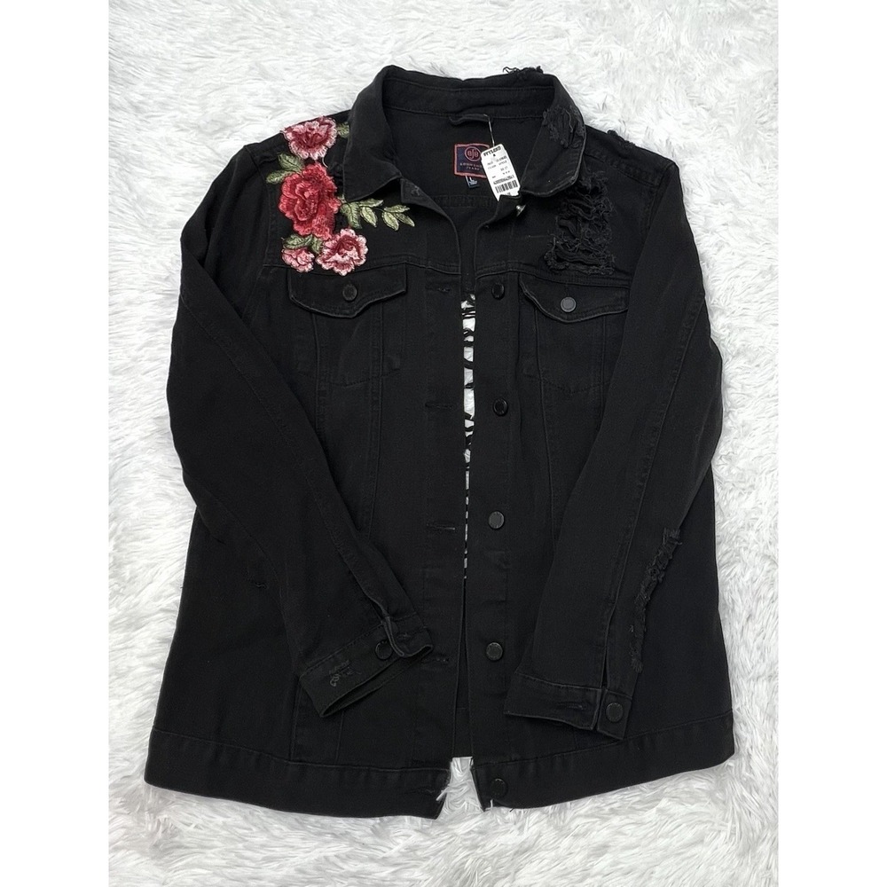 Boom Boom Jeans Women Floral Embroidered Destroy Denim Jacket Large Black Casual